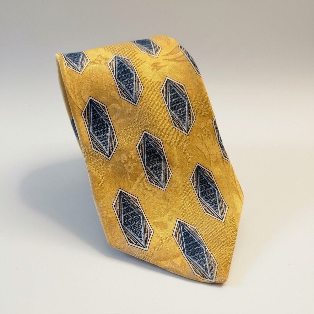 Vintage Givenchy‎ Monsieur 100% Silk Tie Gold Blue Geometric Designer Luxury USA